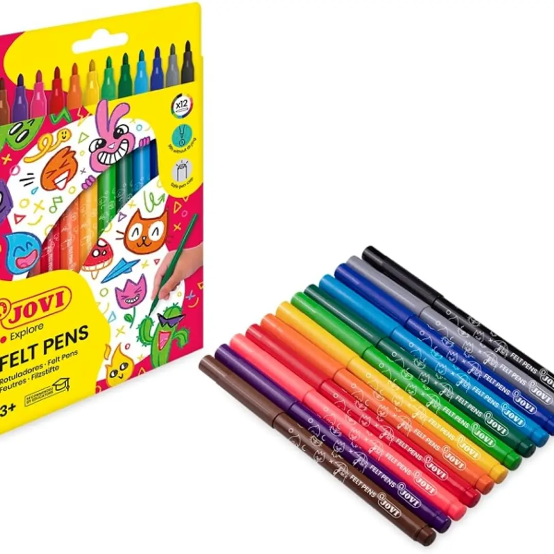 Jovi Felt Pens Pack de 12 Rotuladores - Punta de 3mm - Amplia Variedad de Tonos - Tinta de Gran Fijacion - Capuchon de Ventilado - Grip Triangular Erg 1