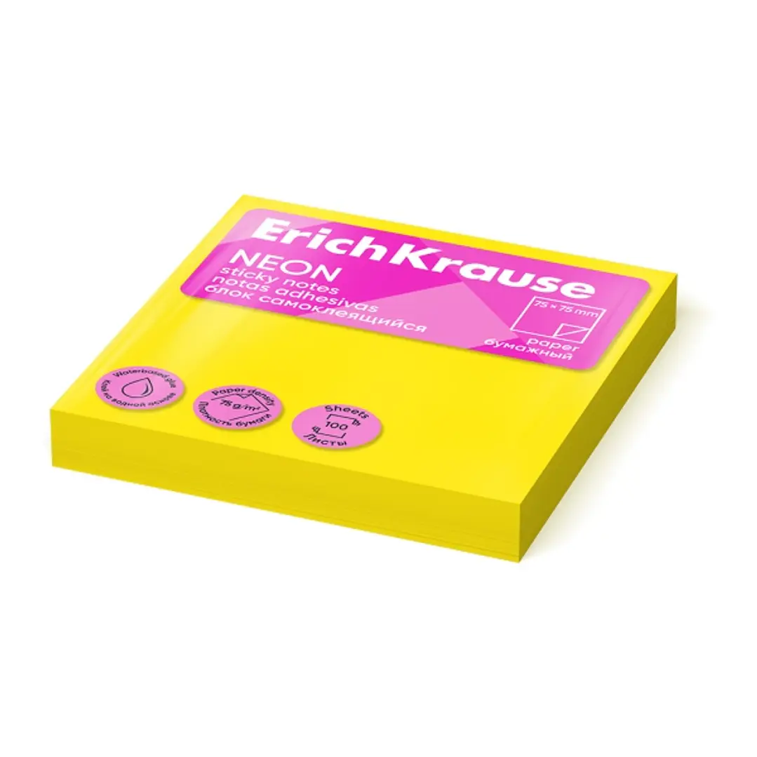 ErichKrause Bloc de 100 Notas Adhesivas 75x75mm - Removibles - Color Amarillo Neon 1
