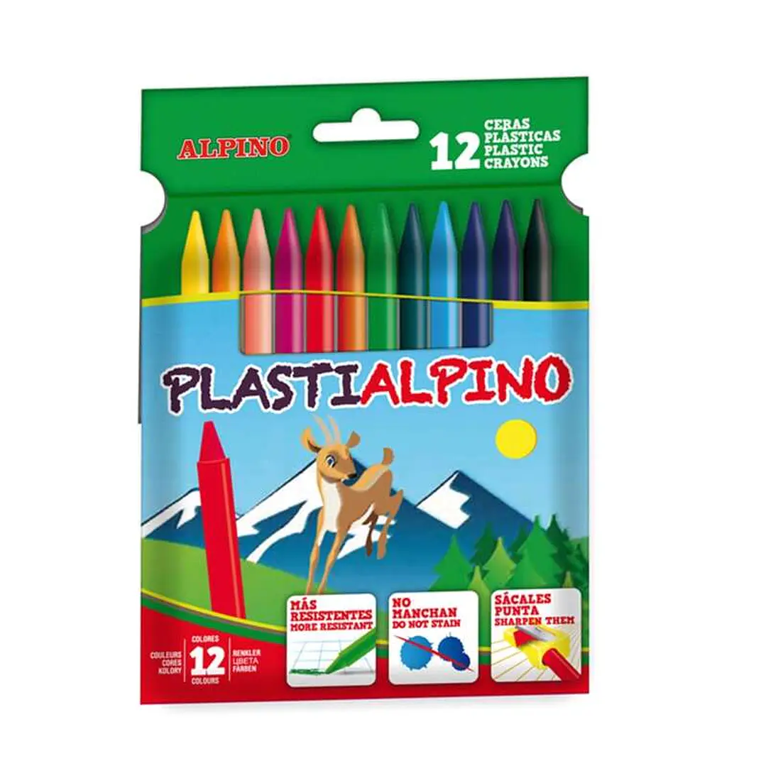 Alpino PlastiAlpino Pack con 12 Ceras para Niños - Material Resistente - No Manchan - Colores Brillantes - Colores Surtidos 1