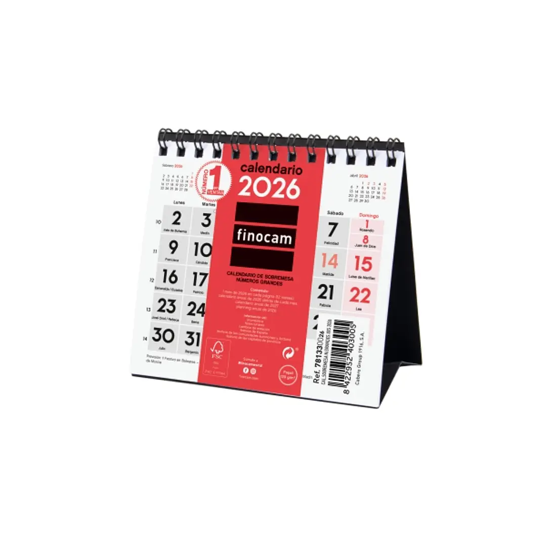 Finocam Calendario de Sobremesa - Anual 2026 - 110x40x140mm - Numeros Grandes - Color Blanco y Rojo 1
