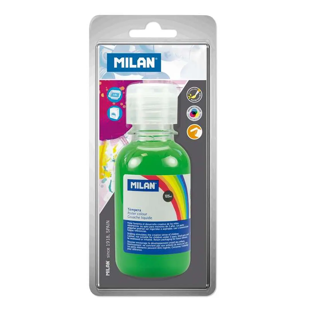 Milan Botella de Tempera 125 ml - Tapon Dosificador - Secado Rapido - Mezclable - Color Verde Claro 1