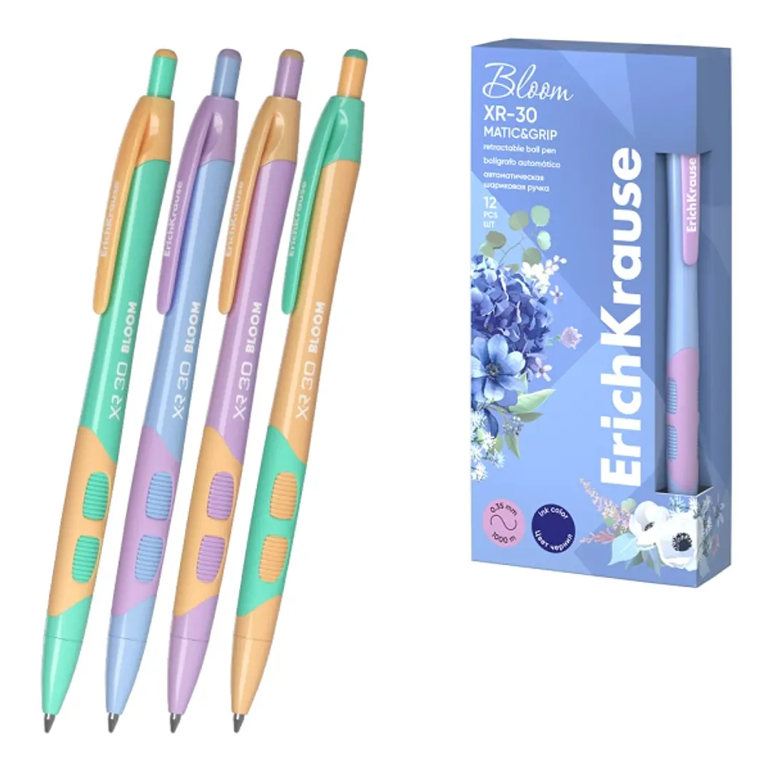 Erichkrause Bloom XR-30 Matic&Grip Pastel Boligrafo Retractil - Punta de Bola 0.7mm - Trazo de 0.35mm - Tinta Azul - Grip de Agarre - Cuerpo en Colore 1