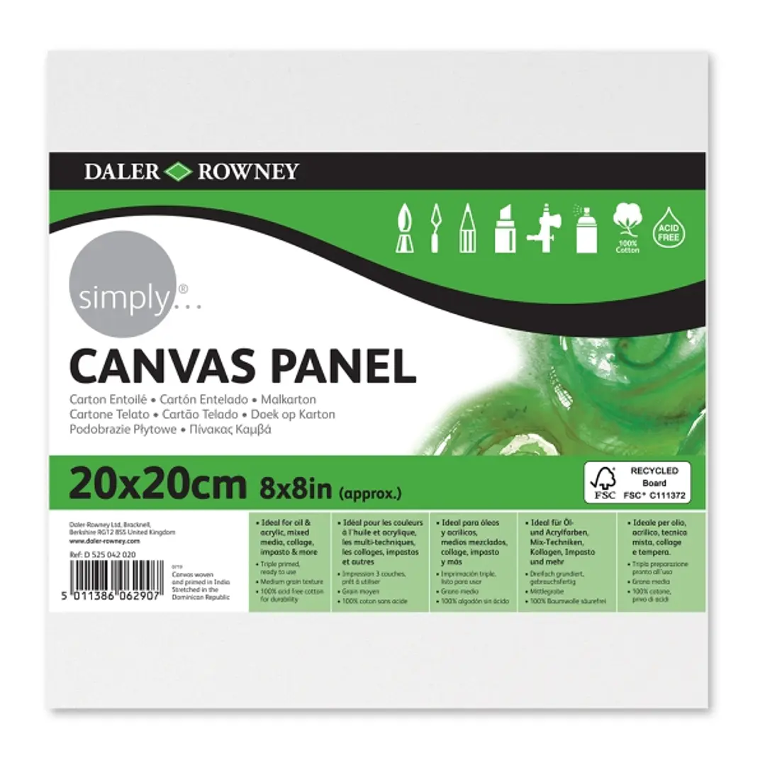 Daler Rowney Simply Carton Entelado - 250g - 20x20cm - Imprimacion Triple - Grano Medio - 100% Algodon sin Acido - 250g - Color Blanco 1