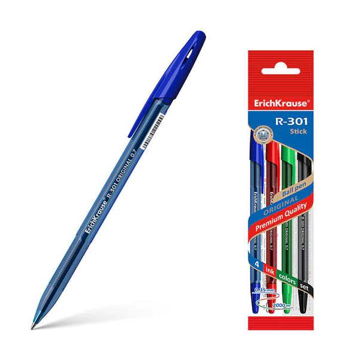 Erichkrause Pack de 4 Boligrafos R-301 Original Stick 07 - Punta de 07mm - Tinta de Secado Rapido - Cuerpo Hexagonal con Grip - Color Azul 1