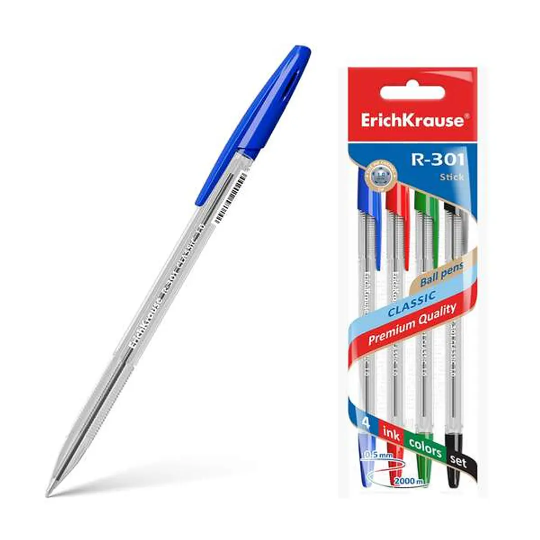 Erichkrause R-301 Pack de 4 Boligrafos de Bola Punta 1.0mm - Trazo 0.5mm - Tinta de Secado Rapido - Cuerpo Transparente - Capuchon Ventilado - Colores 1