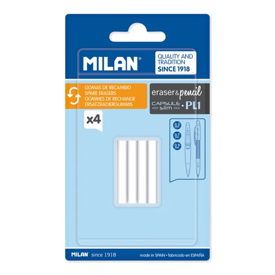 Milan Pack de 4 Gomas de Recambio para Portaminas - Compatible con Capsule, Slim y Pl1 - Color Blanco 1