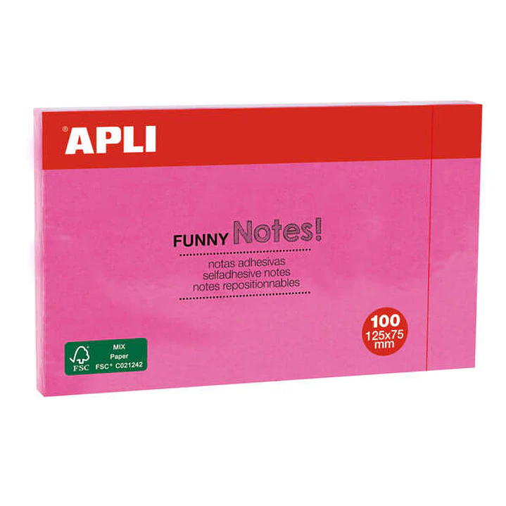 Apli Notas Adhesivas Funny 125x75mm - Bloc de 100 Hojas - Adhesivo de Calidad - Facil de Despegar - Rosa Fluorescente 1
