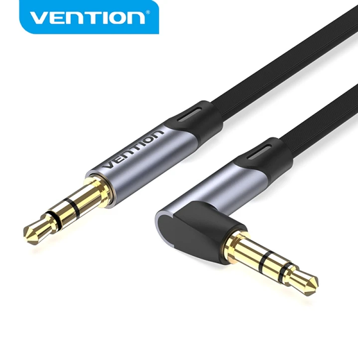 Vention Cable Auxiliar Estereo - Angulo de 90° - Chapado en Oro - Conductor de Cobre Esmaltado - Revestimiento de Aleacion de Aluminio - Color Gris 1