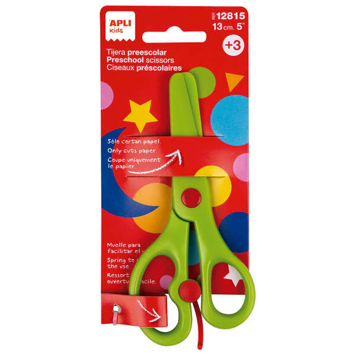 Apli Kids Tijera Preescolar Ergonomica 13cm - Muelle para Apertura Facil - Hojas de Plastico - Punta Redondeada - Ideal para Niños de 3+ - Color Verde 1
