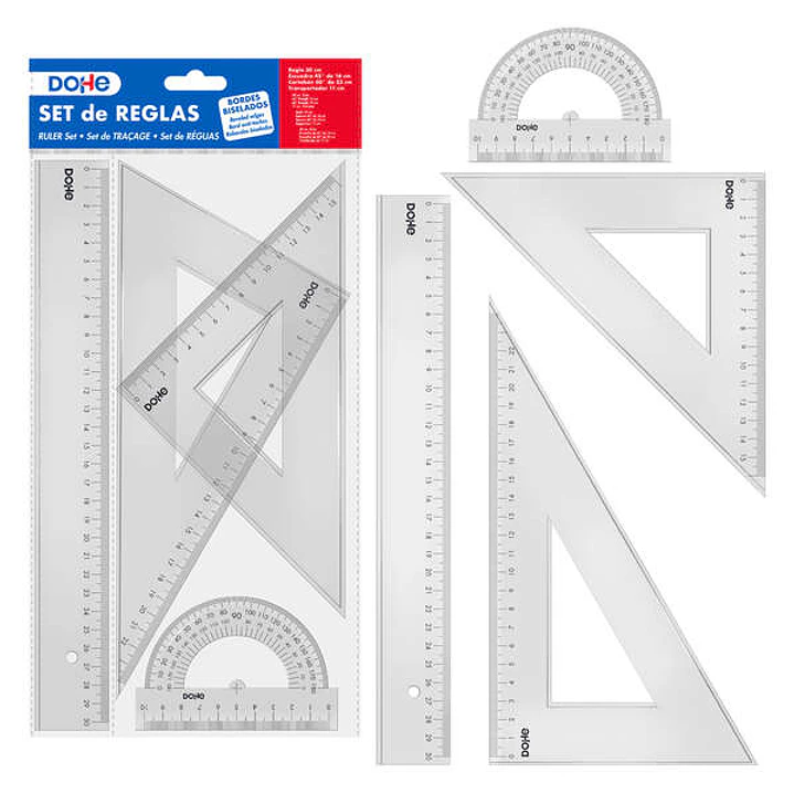 Dohe Set de Reglas - Regla, Escuadra, Cartabon y Transportador - Plastico Inyectado Transparente Cristal - Cantos Biselados y con Reborde 1