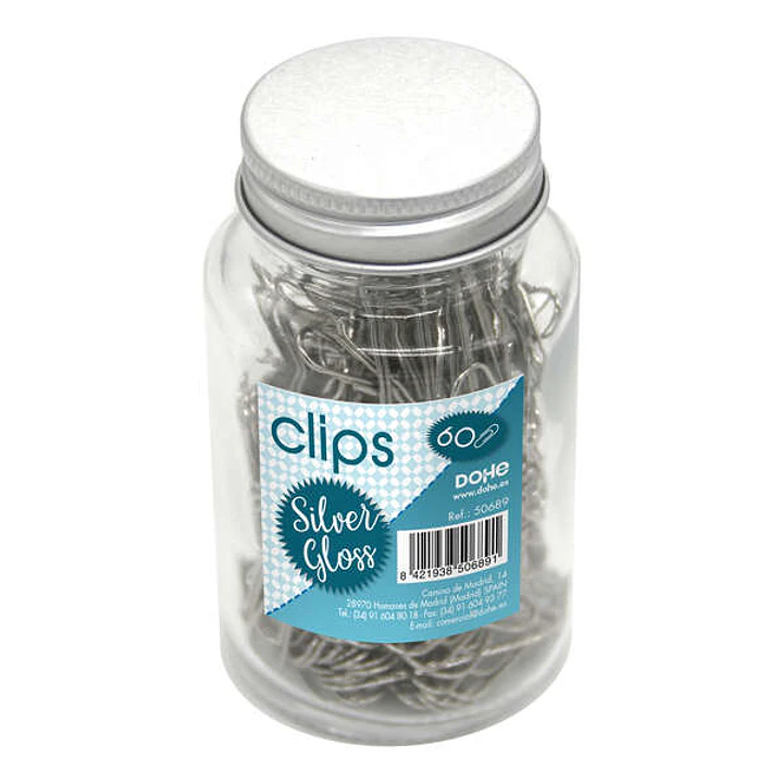 Dohe Bote de Cristal con 60 Clips Metalicos de 50mm - Color Plata Brillante 1