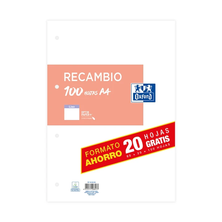 Oxford Classic Recambio de 100 Hojas Sueltas A4 Liso 4 Taladros 1