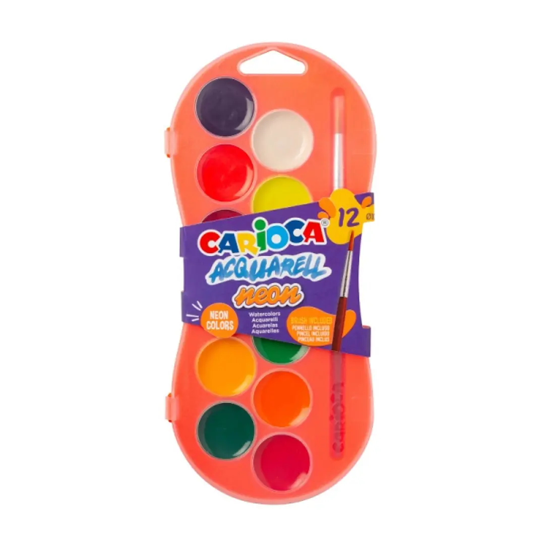 Carioca Acuarell Neon Pack de 12 Acuarelas en Pastillas de Ø 30mm - Brillantes - Facilmente Mezclables - Colores Neon Surtidos 1