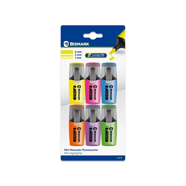 Bismark Long-Life Pack de 6 Mini Marcadores Fluorescentes Neon - Tinta de Secado Rapido - Punta Biselada - Ideal para Subrayar y Resaltar - Diseño Erg 1