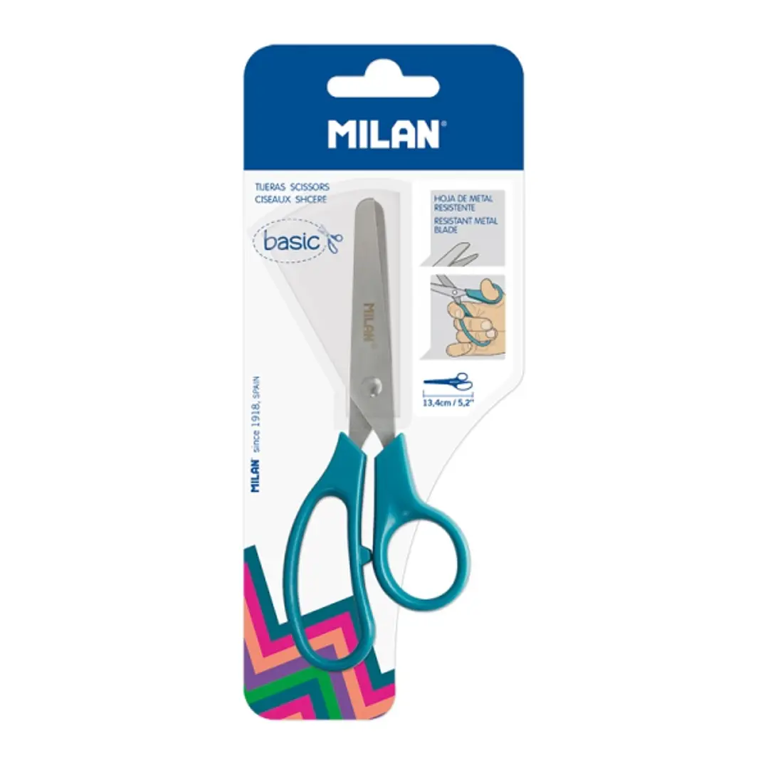 Milan Basic Blister de Tijeras Escolares Basic Verde Azulado - Mango Ergonomico - Punta Redondeada - Acero Inoxidable de 13.4cm - Color Verde 1