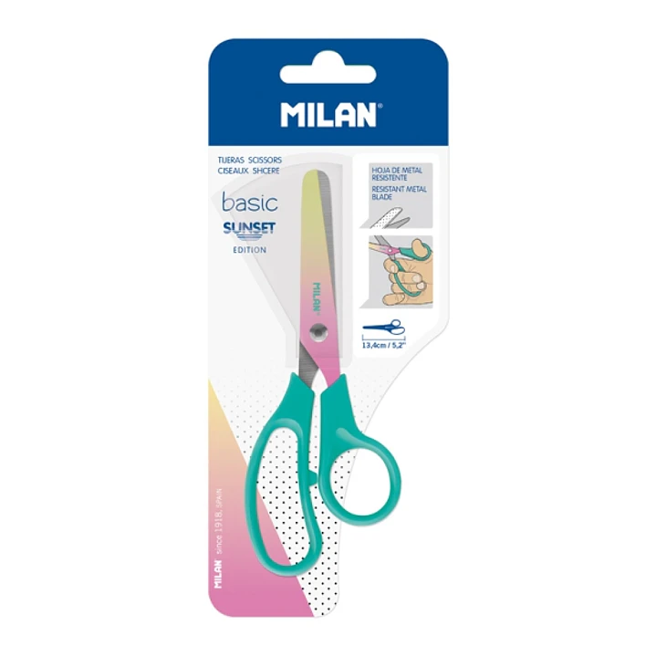 Milan Basic Sunset Tijeras de 13.4cm - Mango Ergonomico - Punta Redondeada - Hoja de Acero Inoxidable - Color Turquesa 1