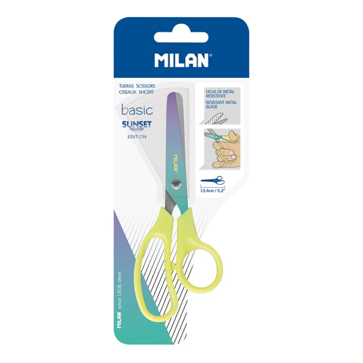 Milan Basic Sunset Tijeras de 13.4cm - Mango Ergonomico - Punta Redondeada - Hoja de Acero Inoxidable - Color Amarillo 1
