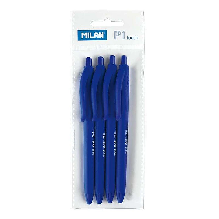 Milan P1 Touch Pack de 4 Boligrafos de Bola Retractiles - Punta Redonda 1mm - Tinta con Base de Aceite - Escritura Suave - 1.200m de Escritura - Color 1