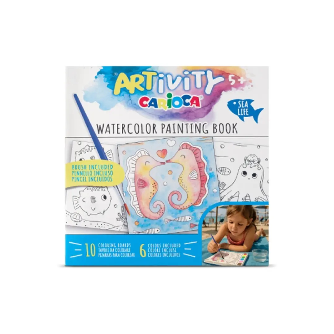 Carioca Artivity Acuarelas Sea Life Libro para Colorear con Acuarelas - Cada Pagina contiene una Paleta con 6 Colores de Acuarela - Pincel Incluido 1