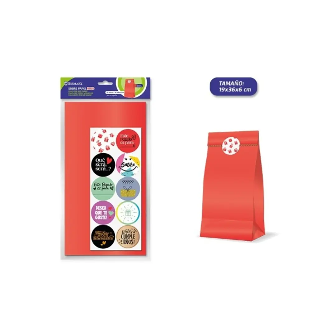 Bismark Pack de 10 Sobres Papel Kraft 50grs con 10 Pegatinas para Cierre - Medidas 19x36x6cm - Ideal para Regalos - Color Rojo 1