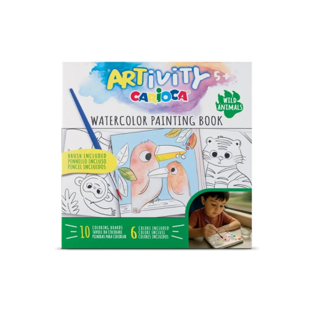 Carioca Artivity Acuarelas Wild Animals Libro para Colorear con Acuarelas - Cada Pagina contiene una Paleta con 6 Colores de Acuarela - Pincel Incluid 1