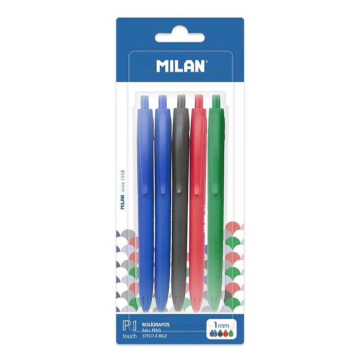 Milan P1 Touch Pack de 5 Boligrafos de Bola Retractiles - Punta Redonda 1mm - Tinta con Base de Aceite - Escritura Suave - 1.200m de Escritura - Color 1