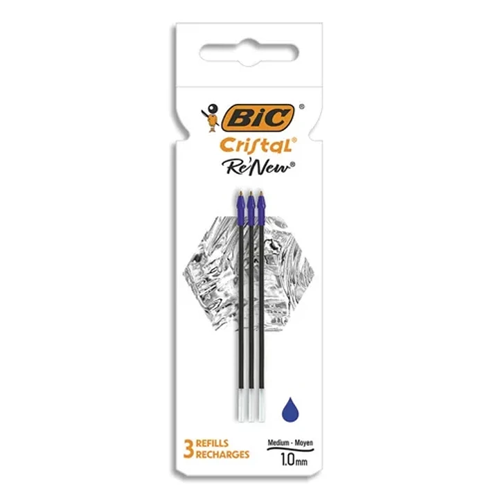 Bic Pack de 3 Recambios para Boligrafo Cristal Re´new - Punta Media de 1.0mm - Tinta con Base de Aceite - Color Azul 1