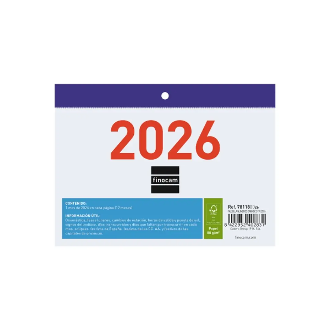Finocam Calendario Faldilla - Anual 2026 - Formato F91 - 150x3x105mm - Numeros Grandes - Color Blanco y Azul 1