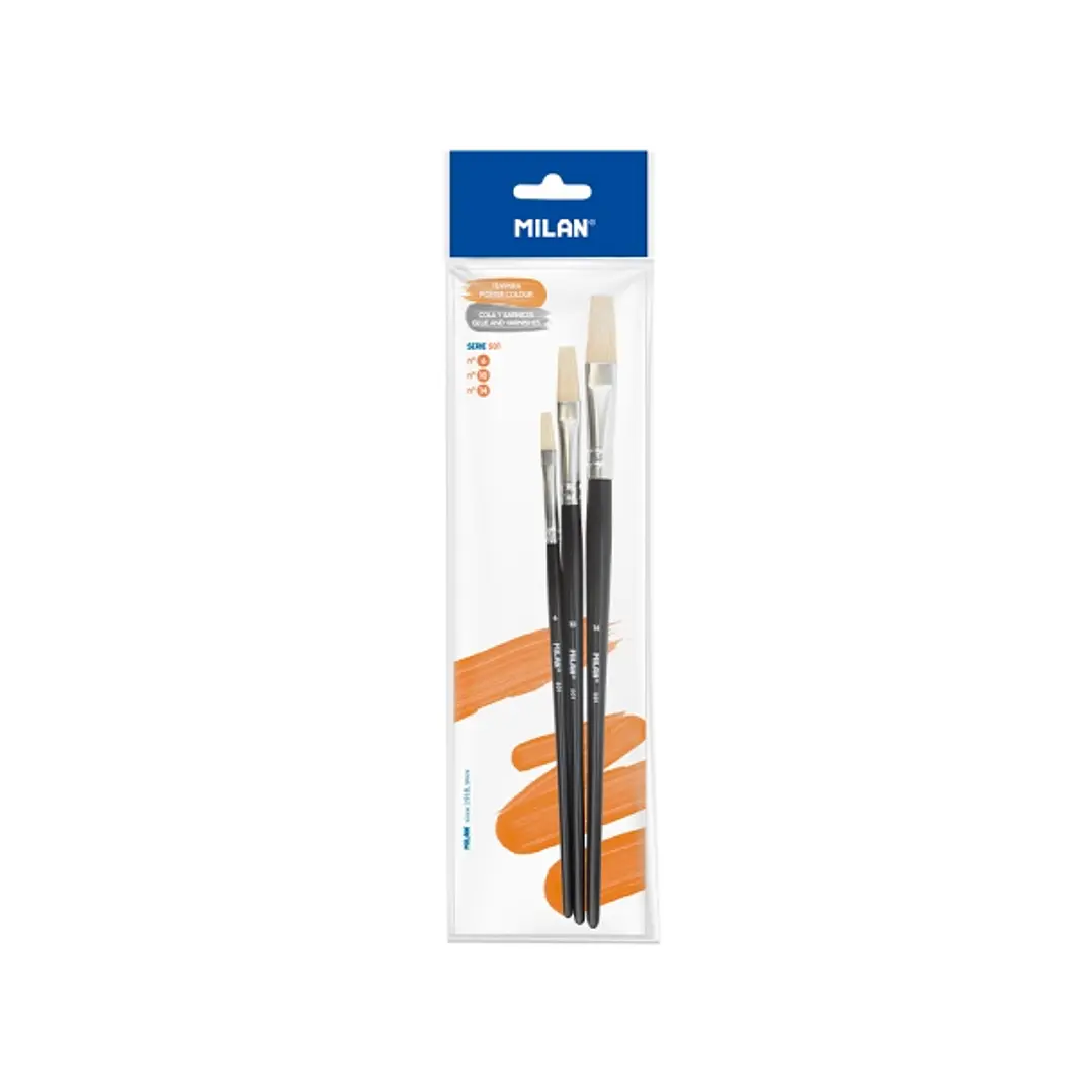 Milan 501 Pack de 3 Pinceles Planos - Formatos Surtidos - Color Negro 1
