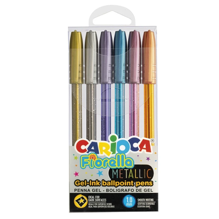 Carioca Fiorella Metallic Pack de 6 Boligrafos de Colores Tinta Gel - Punta de Bola 1mm - Cuerpo Transparente - Colores Metalicos Surtidos 1