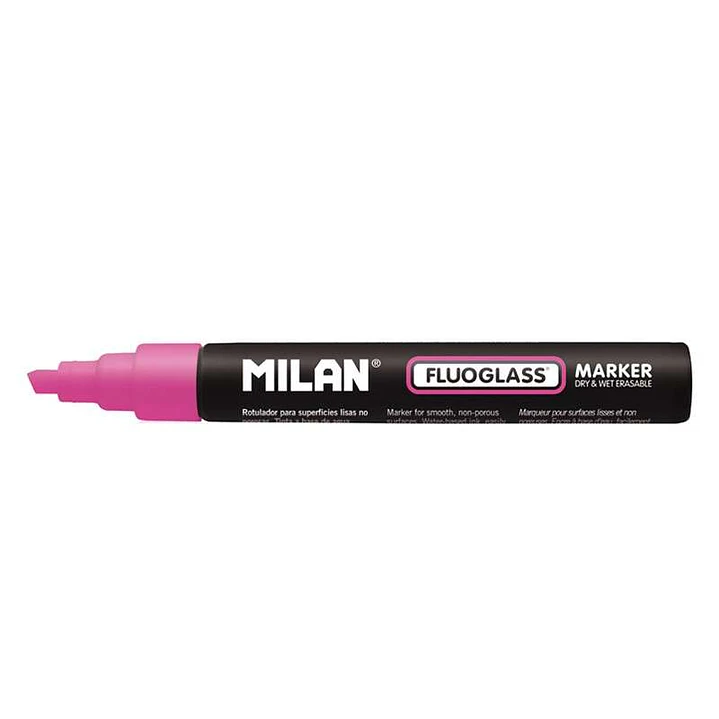 Milan Fluoglass Rotulador para Superficies Lisas - Punta Biselada - Trazo de 2 a 4mm - Tinta al Agua - Borrado Facil - Color Rosa 1