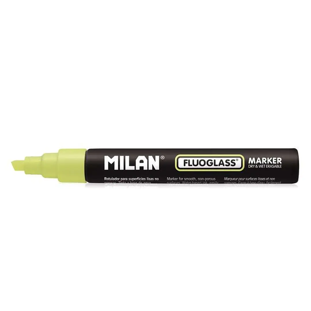 Milan Fluoglass Rotulador para Superficies Lisas - Punta Biselada - Trazo de 2 a 4mm - Tinta al Agua - Borrado Facil - Color Amarillo 1