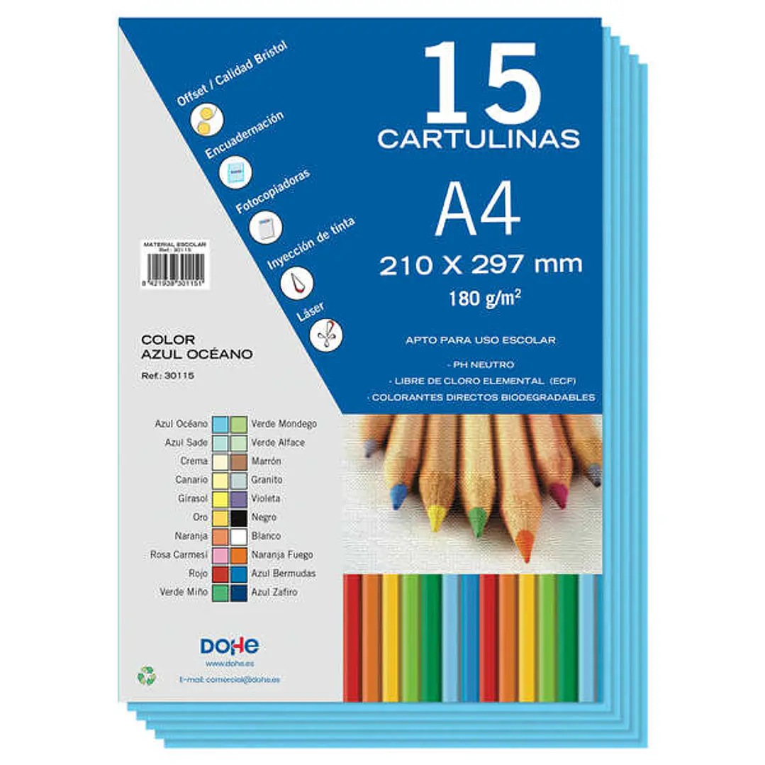 Dohe Pack de 15 Cartulinas A4 de 180gr - Con PH Neutro - Libres de Cloro Elemental - Color Azul Oceano 1