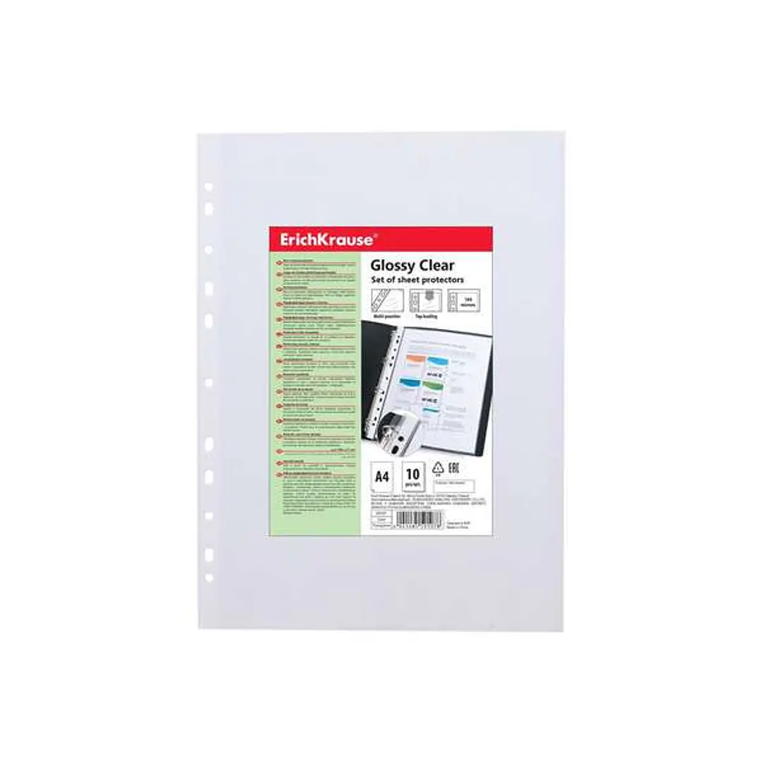 Erichkrause Glossy Clear Pack de 10 Fundas Multitaladro A4 100mic - 11 Taladros - Acabado Brillante Transparente 1