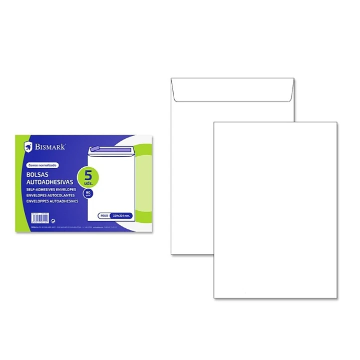 Bismark Pack de 5 Sobres de Papel 90gr - Medidas 229x324mm - Cierre Autoadhesivo - Color Blanco 1