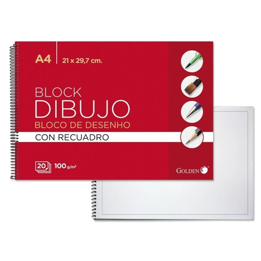 Golden Cuaderno de Dibujo Espiral A4 20 Hojas con Recuadro Interior - Papel de 100gr 1