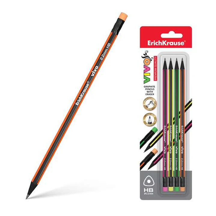 Erichkrause Vivo HB Pack de 4 Lapices de Grafito Triangular HB con Goma de Borrar del Color del Lapiz - Madera Seleccionada - Resistente al Impacto -  1