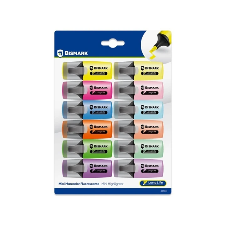 Bismark Long-Life Pack de 12 Mini Marcadores Fluorescentes - 6x Neon y 6x Pastel - Tinta de Secado Rapido - Punta Biselada - Ideal para Subrayar y Res 1