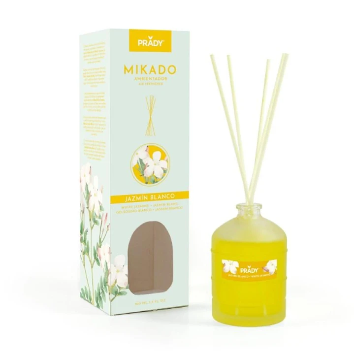 Prady Ambientador Mikado Jazmin Blanco - Frasco de Cristal 100 ml y Varitas Difusoras 1