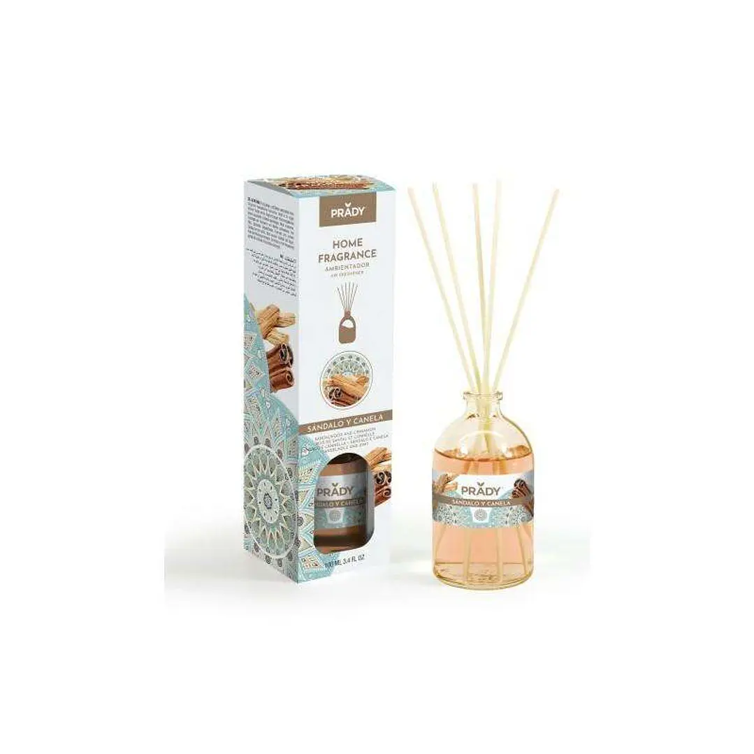 Prady Ambientador Mikado Sandalo y Canela - Frasco de Cristal 100ml y Varitas Difusoras 1