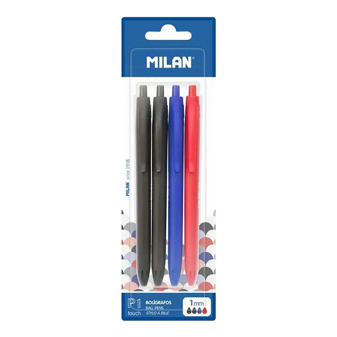 Milan P1 Touch Pack de 4 Boligrafos de Bola Retractiles - Punta Redonda 1mm - Tinta con Base de Aceite - Escritura Suave - 1.200m de Escritura - Color 1