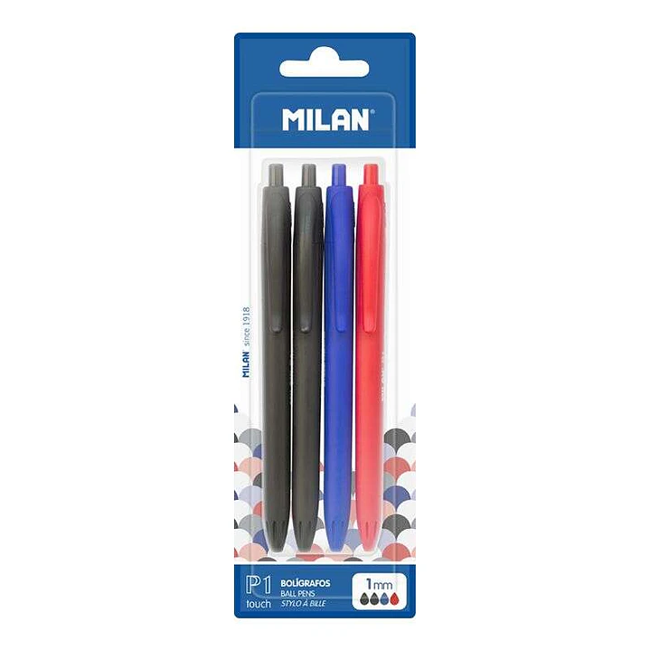 Milan P1 Touch Pack de 4 Boligrafos de Bola Retractiles - Punta Redonda 1mm - Tinta con Base de Aceite - Escritura Suave - 1.200m de Escritura - Color 1