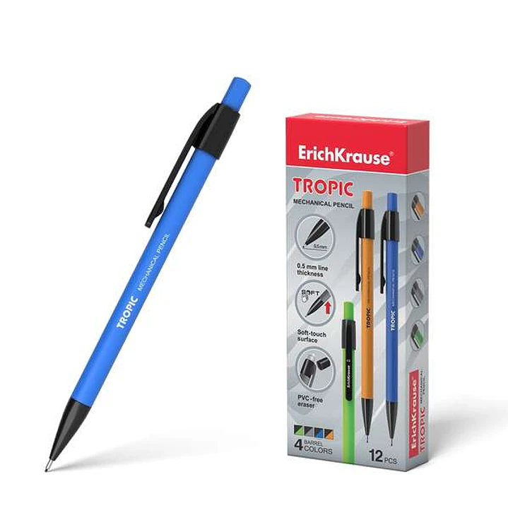 ErichKrause Tropic Portaminas - Boquilla Retractil y Revestimiento Soft Touch - Colores Mate Brillantes - con Borrador y Capuchon - Clip Comodo - Dure 1