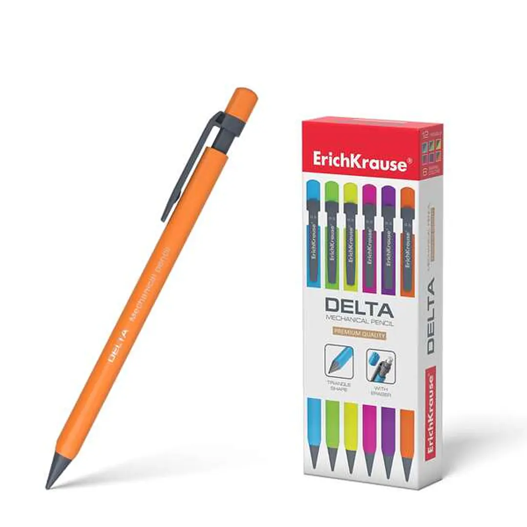 Erichkrause Delta Portaminas 0.5mm HB - Para Minas de 0.5mm - Goma de Borrar - Forma Triangular Ergonomica - Colores Neon Brillantes Surtidos 1