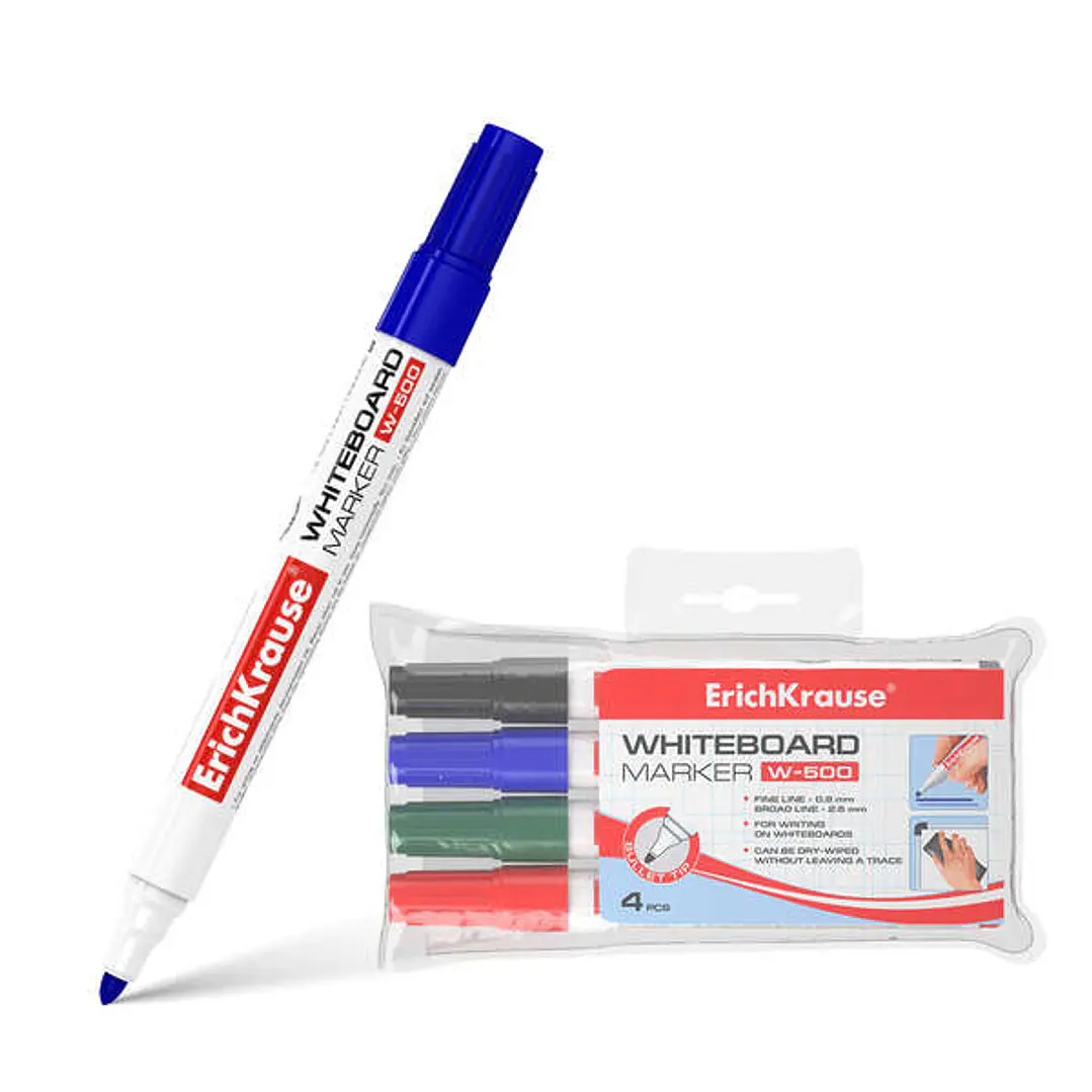 Erichkrause W-500 Pack de 4 Rotuladores para Pizarra Blanca - Punta en Forma de Bala - Trazo de 0.8 a 2.5mm - Tinta a Base de Alcohol - Color Azul, Ne 1