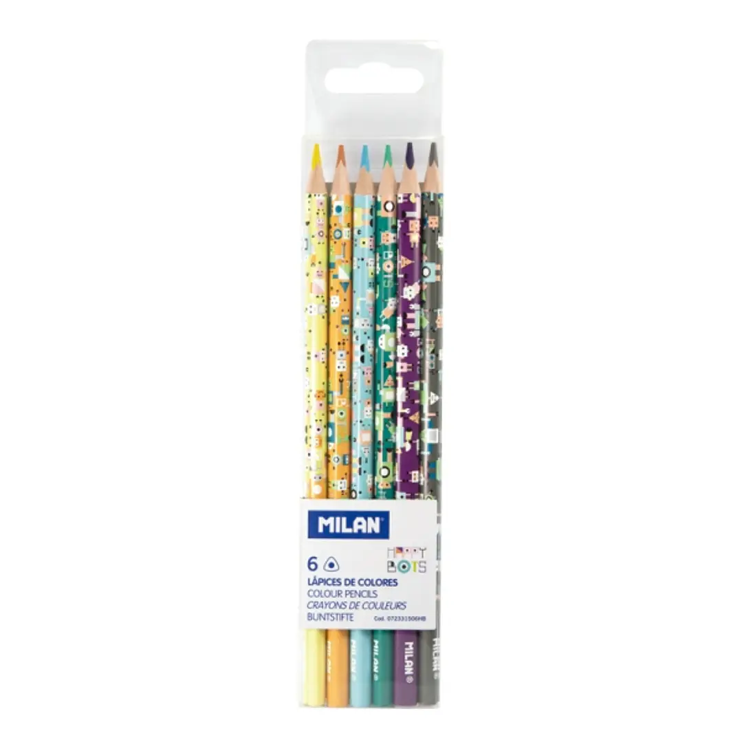 Milan Happy Bots Pack de 6 Lapices de Colores - Dibujos Infantiles - Triangulares - Colores Surtidos 1