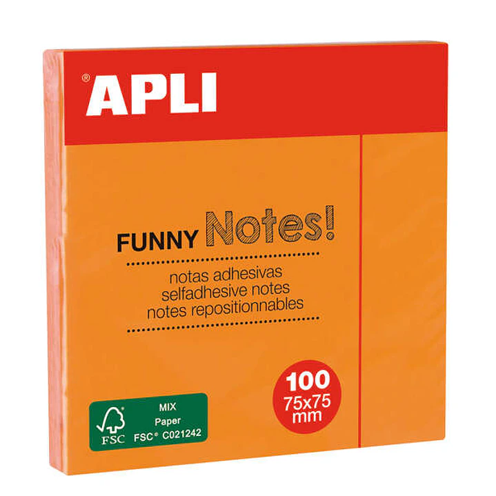 Apli Bloc de 100 Notas Adhesivas Funny 75x75mm - Adhesivo de Calidad - Color Naranja Fluorescente 1