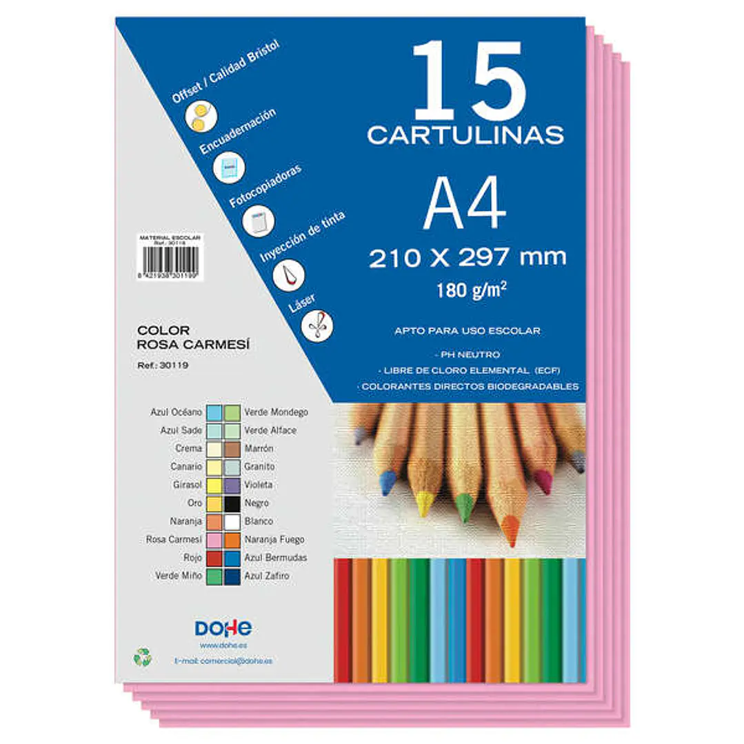 Dohe Pack de 15 Cartulinas A4 de 180gr - Con PH Neutro - Libres de Cloro Elemental - Color Rosa 1