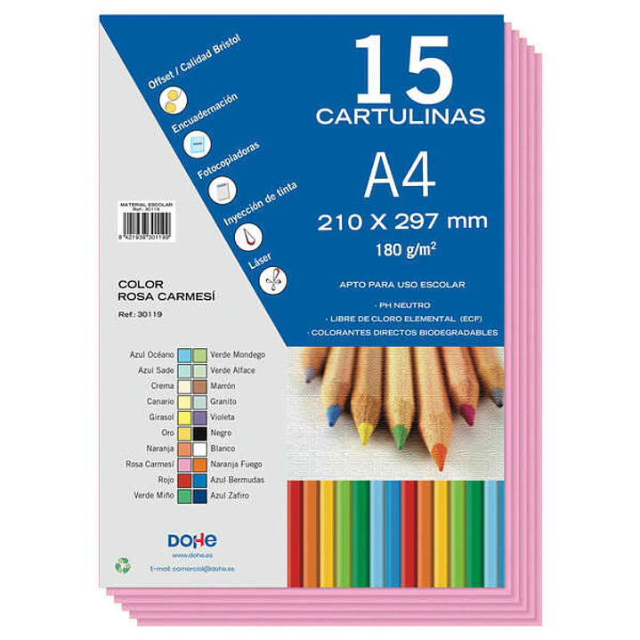 Dohe Pack de 15 Cartulinas A4 de 180gr - Con PH Neutro - Libres de Cloro Elemental - Color Rosa 1