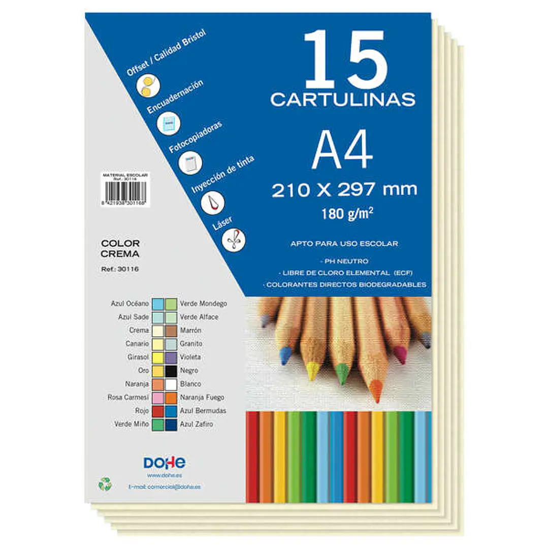 Dohe Pack de 15 Cartulinas A4 de 180gr - Con PH Neutro - Libres de Cloro Elemental - Color Crema 1